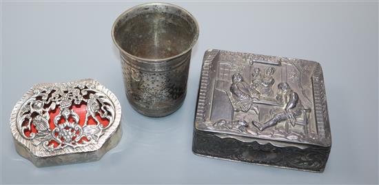 An Edwardian pot pourri box, London, 1903, a repousse box with cover and a 19th century German? white metal beaker.